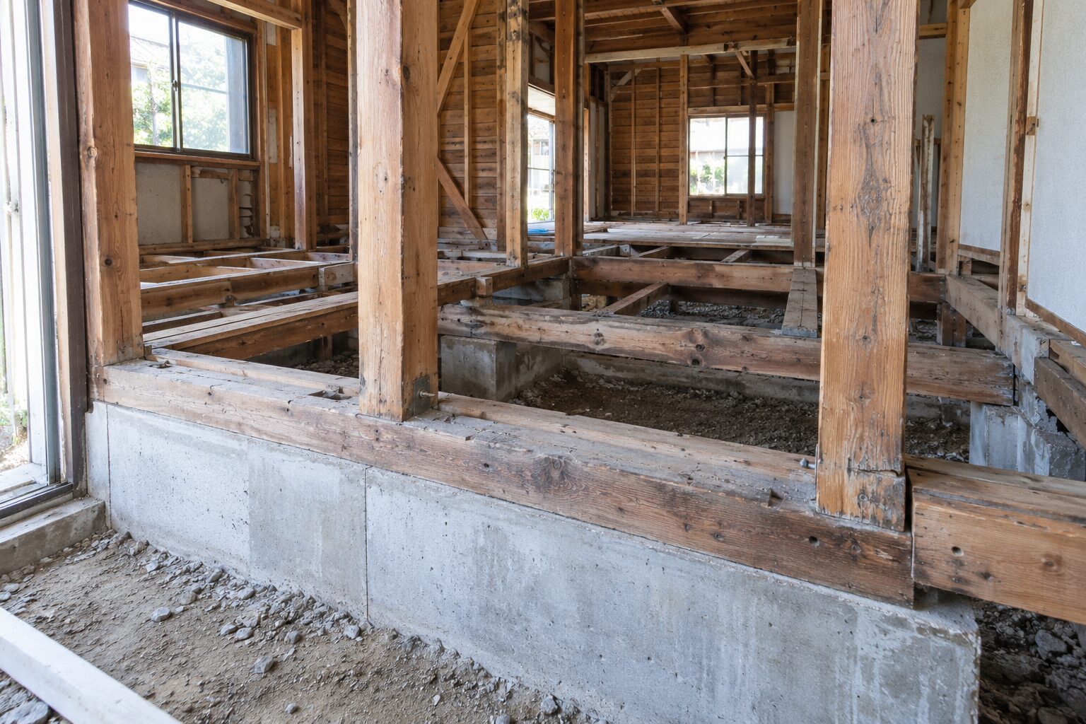 床と壁を剥がして柱・土台・基礎の骨組みが見える古い木造住宅のリフォーム現場