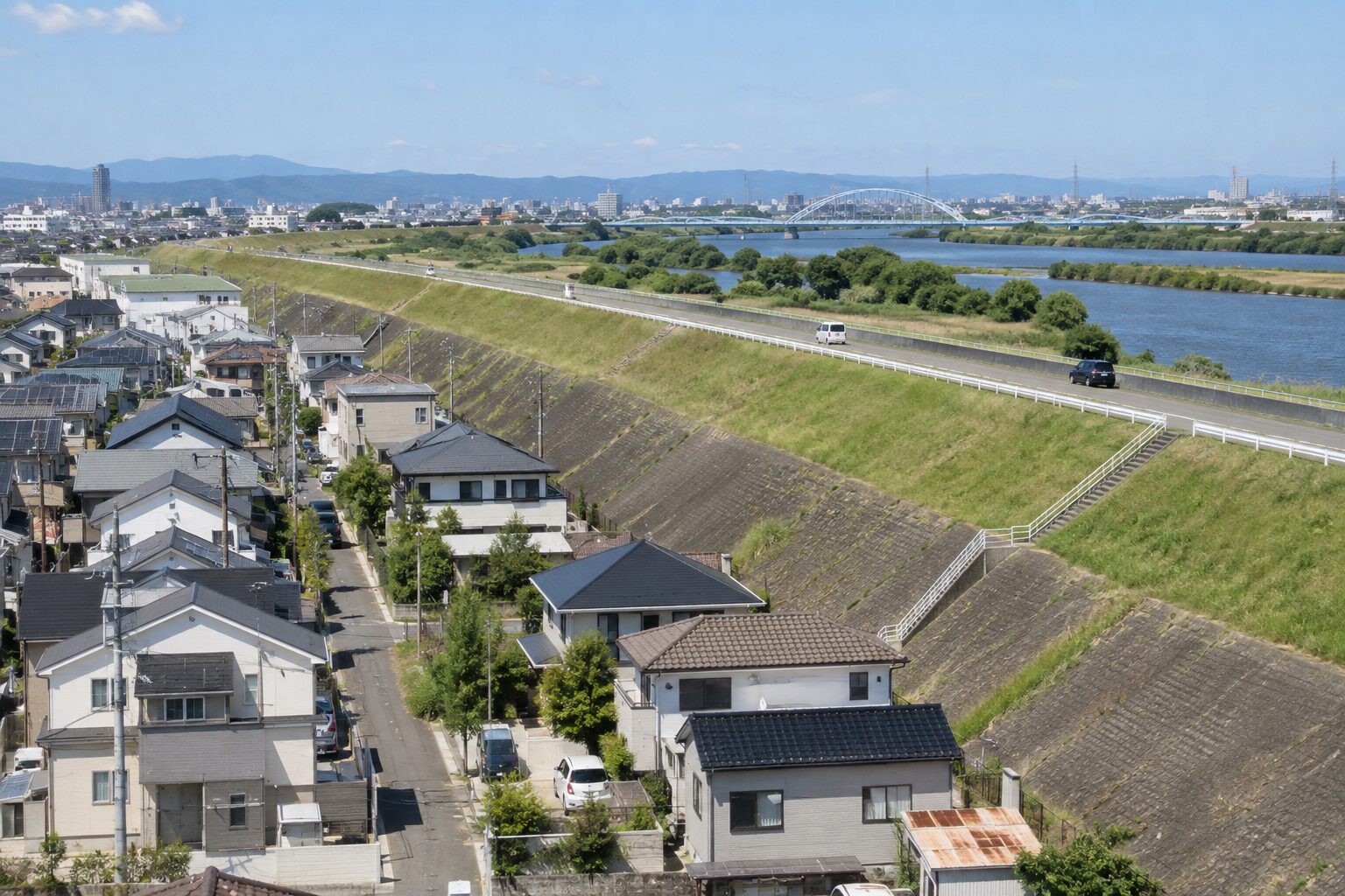 堤防沿いの住宅
