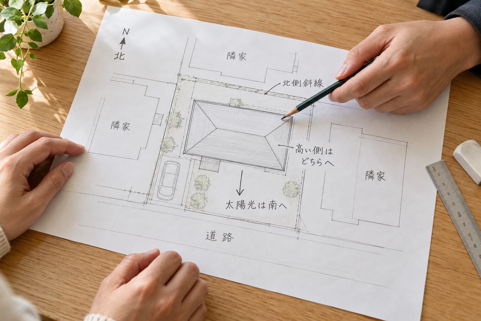 敷地図を見ながら片流れ屋根の高い側をどちらに向けるか検討する打ち合わせ。北側斜線と太陽光は南へ