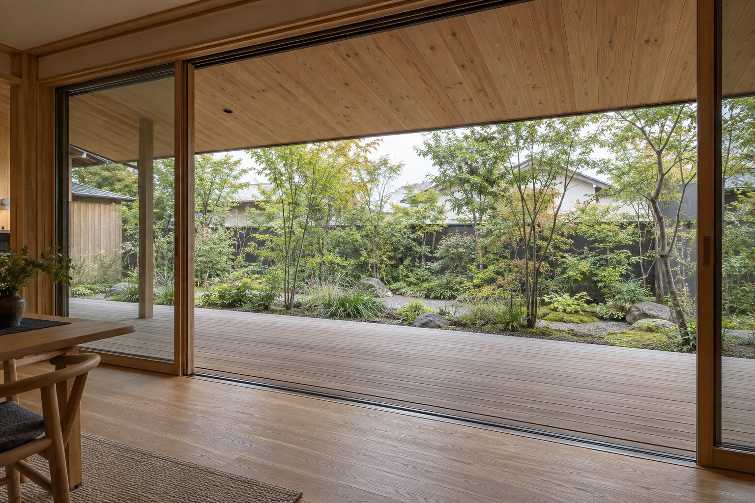 深い軒の下に広がるウッドデッキと庭の緑。大きな窓を開け放したリビングからの眺め
