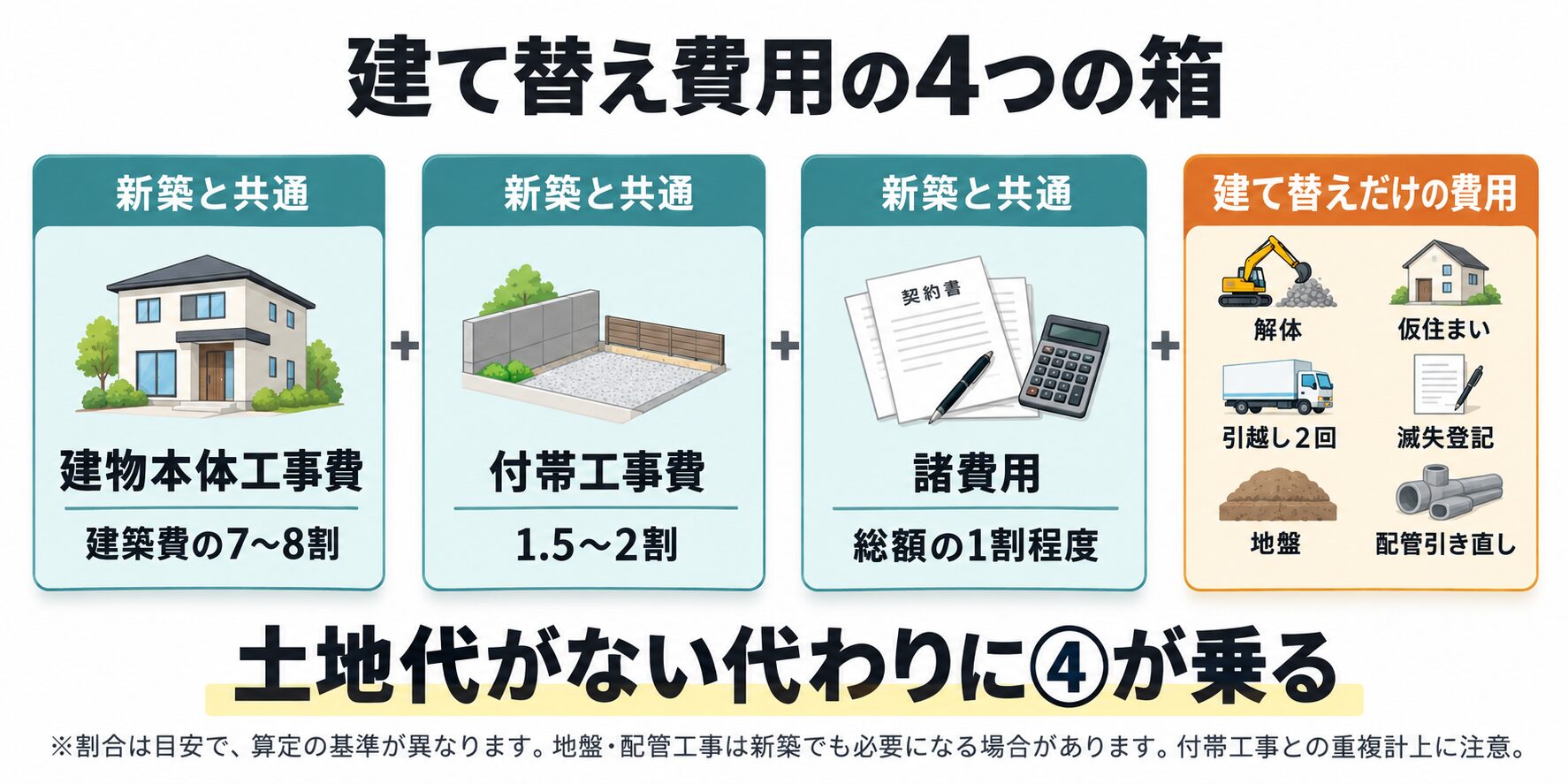 建て替え費用の4つの箱。新築と共通の建物本体工事費・付帯工事費・諸費用に、建て替えだけの費用(解体・仮住まい・引越し2回・滅失登記・地盤・配管)が乗る図解