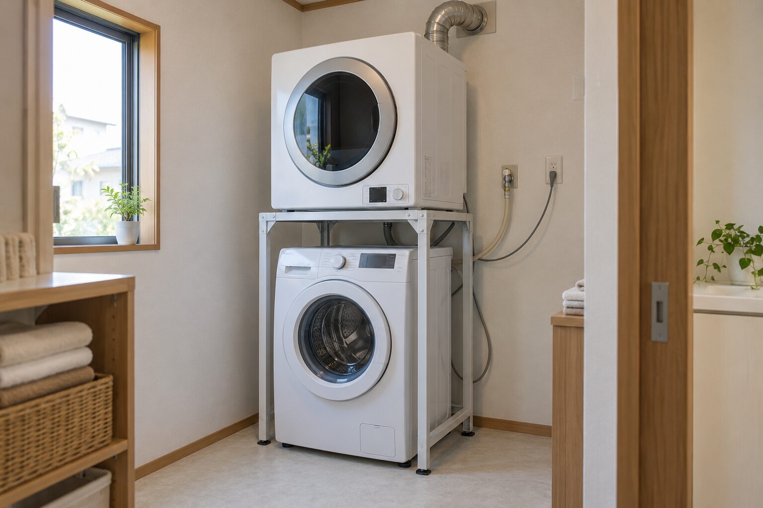 洗濯機の上の専用台にガス衣類乾燥機を設置し、排湿管を壁の外へ出したランドリールーム